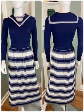 Vintage 60s 70s Carissa Italy Sailor Sweater Navy Striped Maxi Skirt Top Set